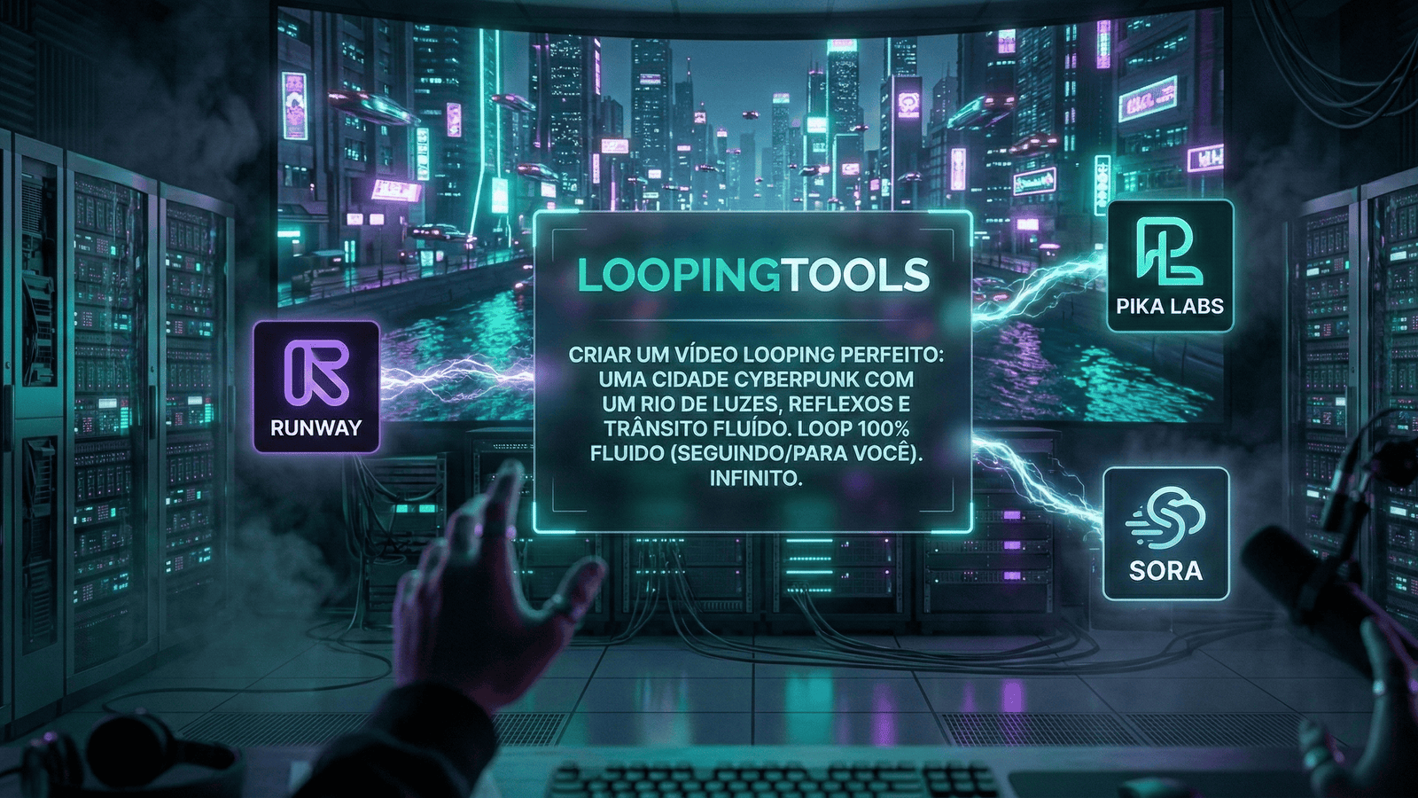 Logos flutuantes de IAs de vídeo como Runway e Pika integradas ao LoopingTools